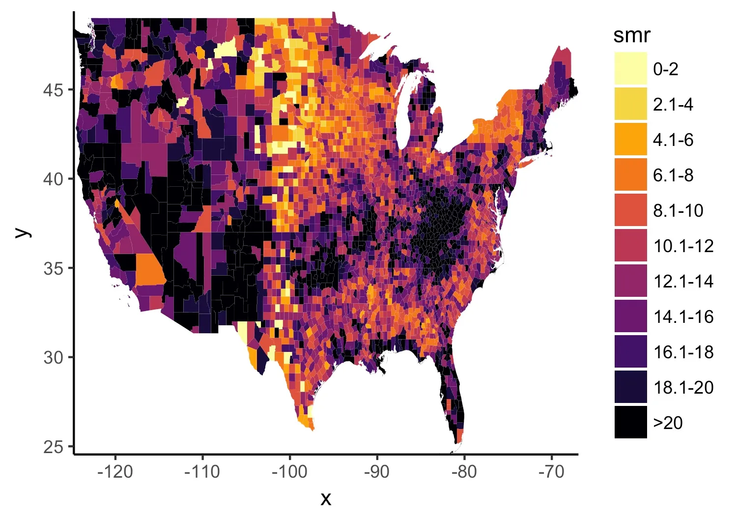 The same county choropleth of the continental United States, now in a graded magma palette running pale yellow at 0-2 through orange and red to black at over 20. The legend is titled smr with the same eleven bins. The darkest counties concentrate through Appalachia, Kentucky and West Virginia, with a band of pale low-rate counties across the northern Plains.