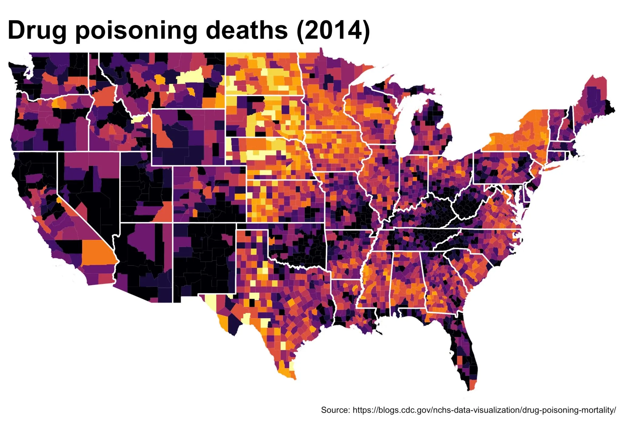 Titled 'Drug poisoning deaths (2014)'. The county choropleth in the magma palette with white state outlines, latitude and longitude axes removed and no legend. A source note credits the CDC NCHS drug poisoning mortality visualization.