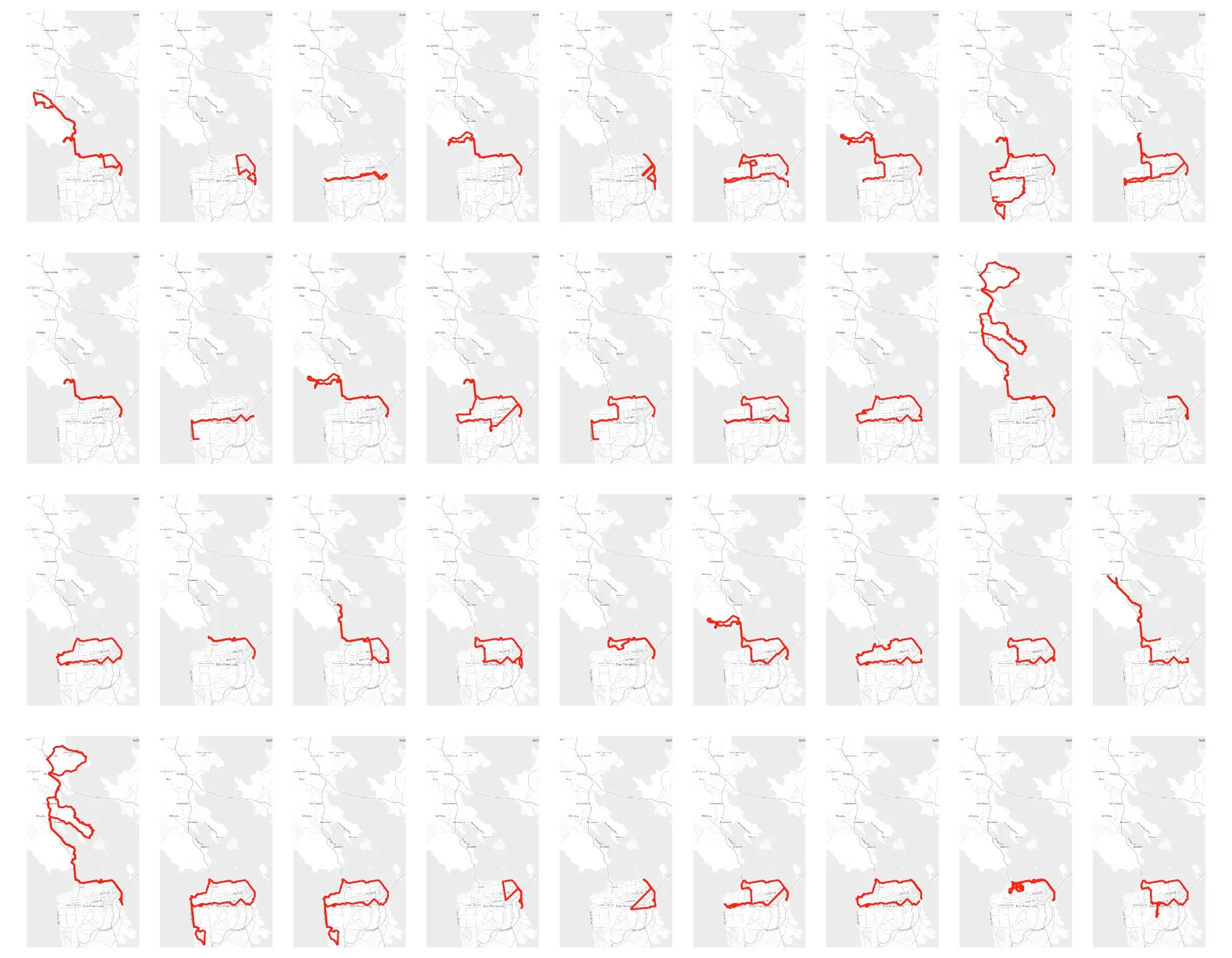 A grid of 36 small maps of San Francisco and the Marin Headlands, one per outdoor ride, each tracing that ride's route in red. Most stay within the city; several cross the Golden Gate Bridge into Marin.